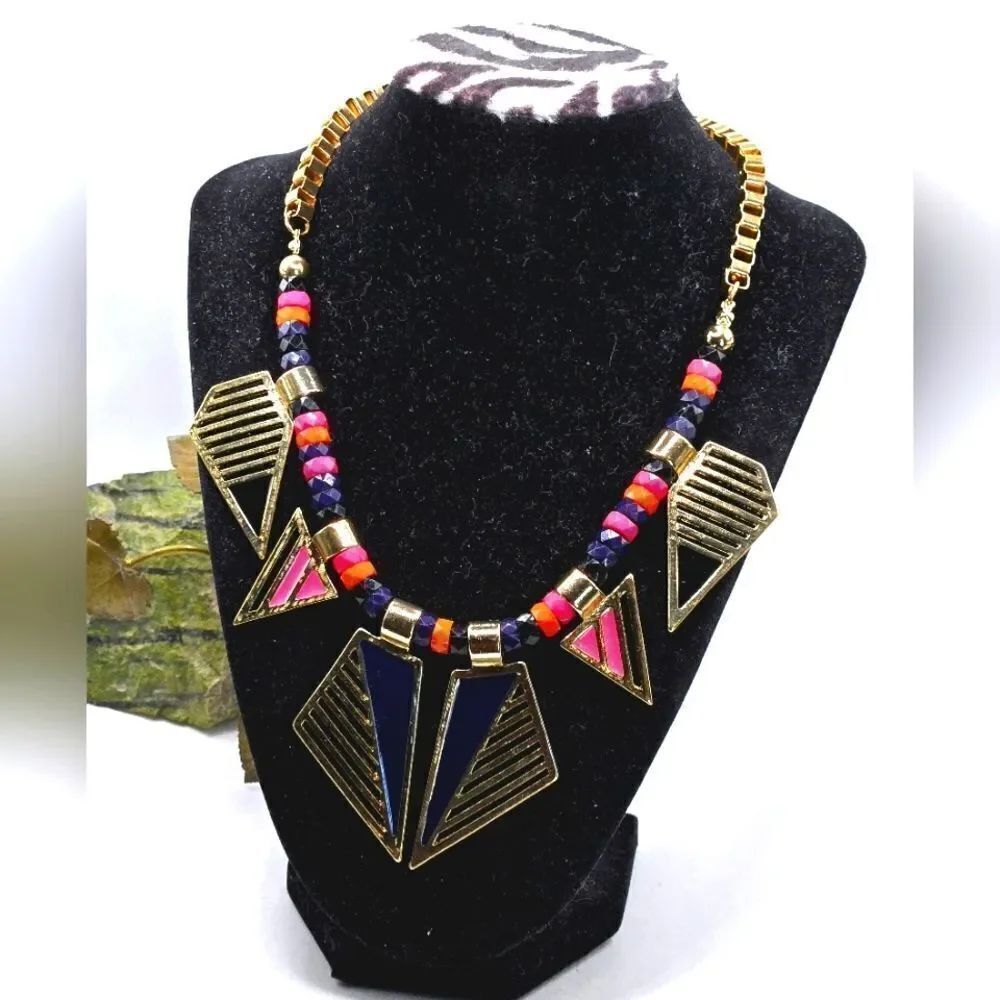 "5/$40" Vtg 80s Retro Multicolored Adjustable Statement Bib Gold Tone Necklace